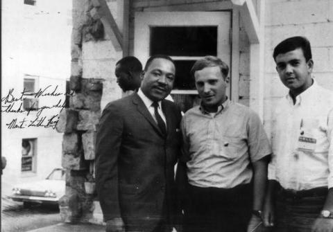 Civil rights activists Moshe Shur and Peter Geffen (center and right) with Dr. Martin Luther King, Jr. in Atlanta, Georgia.